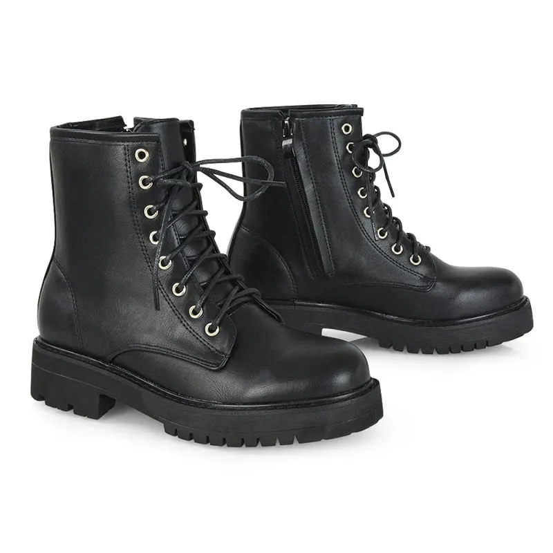 Hermoine Flat Chunky Low Block Heel Ankle Lace up Biker Boots in Black PU sold by XYlondon