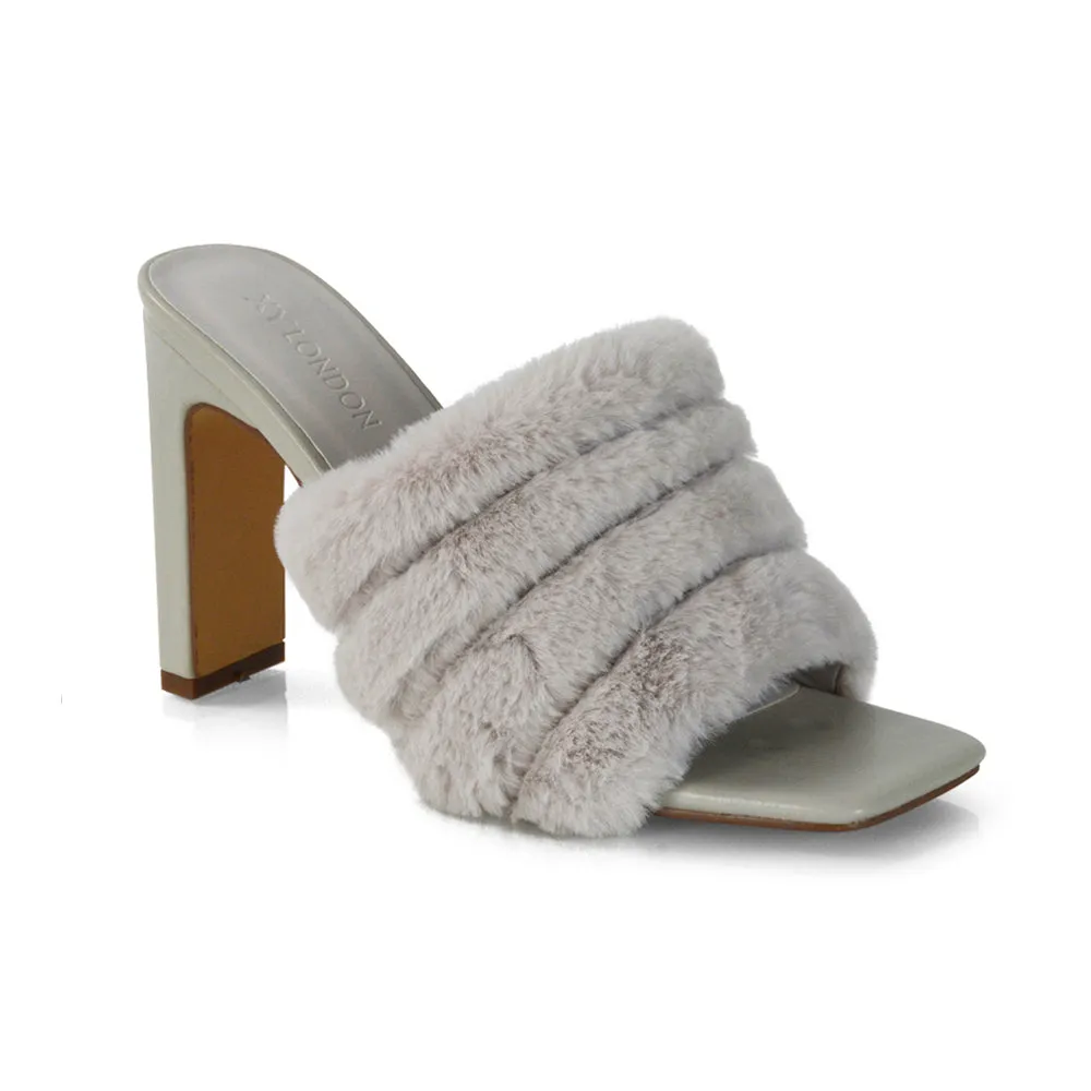 Hunter Fluffy Faux Fur Front Strap Square Toe High Slim Block Heel Mules in Grey sold by XYlondon product image thumbnail 2