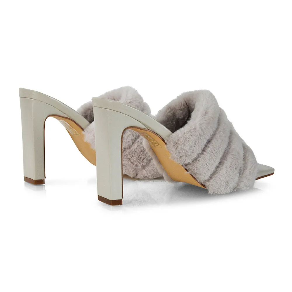 Hunter Fluffy Faux Fur Front Strap Square Toe High Slim Block Heel Mules in Grey sold by XYlondon product image thumbnail 4
