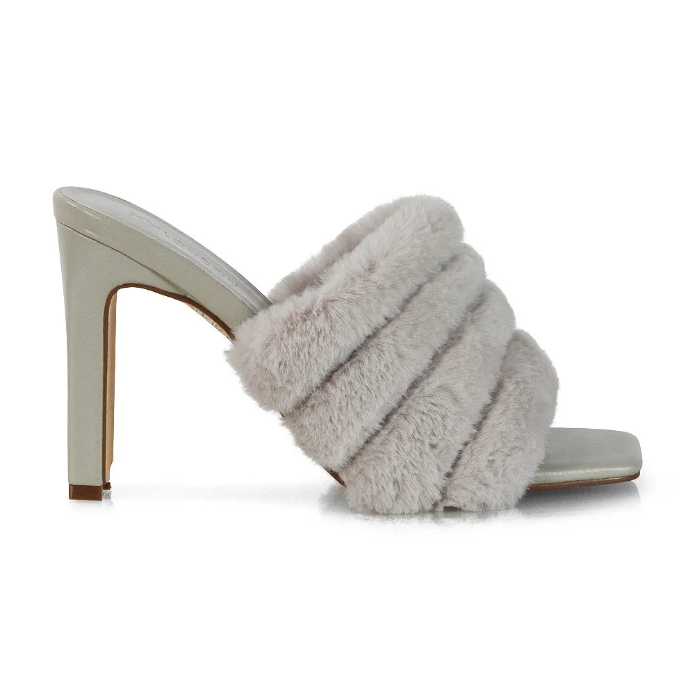 Hunter Fluffy Faux Fur Front Strap Square Toe High Slim Block Heel Mules in Grey sold by XYlondon product image thumbnail 3