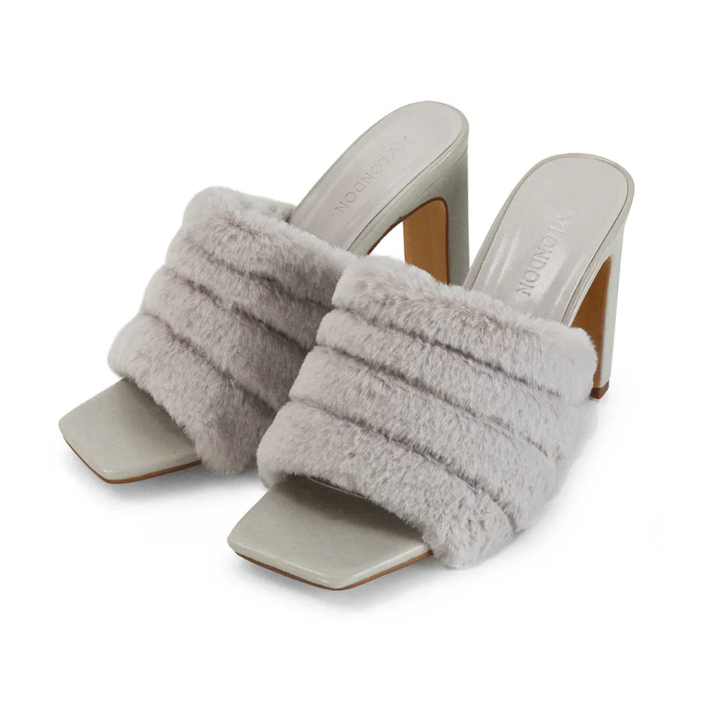 Hunter Fluffy Faux Fur Front Strap Square Toe High Slim Block Heel Mules in Grey sold by XYlondon