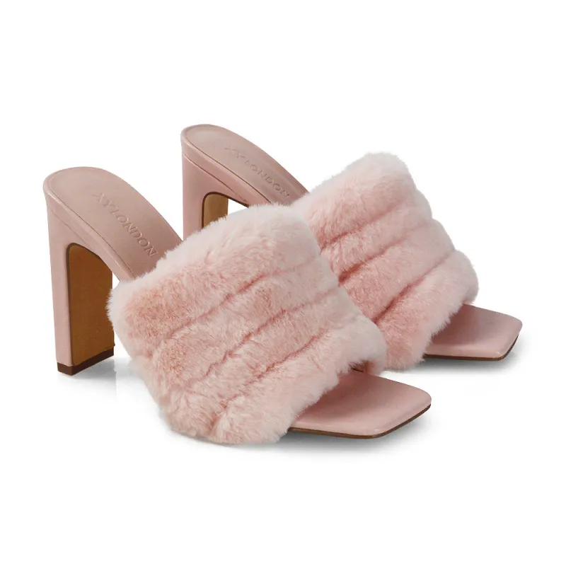 Hunter Fluffy Faux Fur Front Strap Square Toe High Slim Block Heel Mules in Pink sold by XYlondon