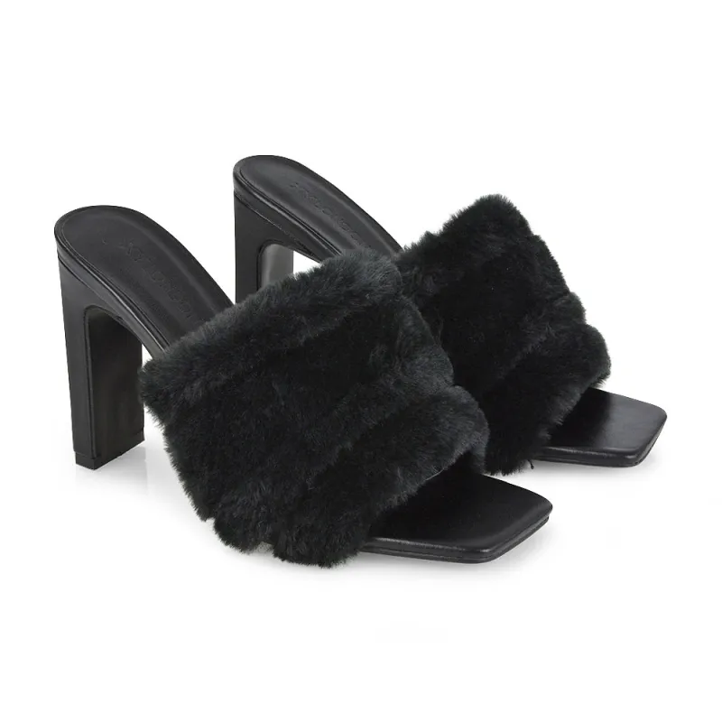 Hunter Fluffy Faux Fur Front Strap Square Toe High Slim Block Heel Mules in Black sold by XYlondon