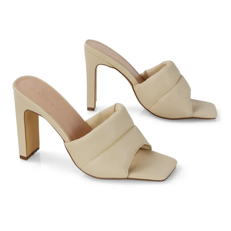 Mallory Square Toe Strappy Slip on Slim Block High Heel Mule Sandals in Nude sold by XYlondon