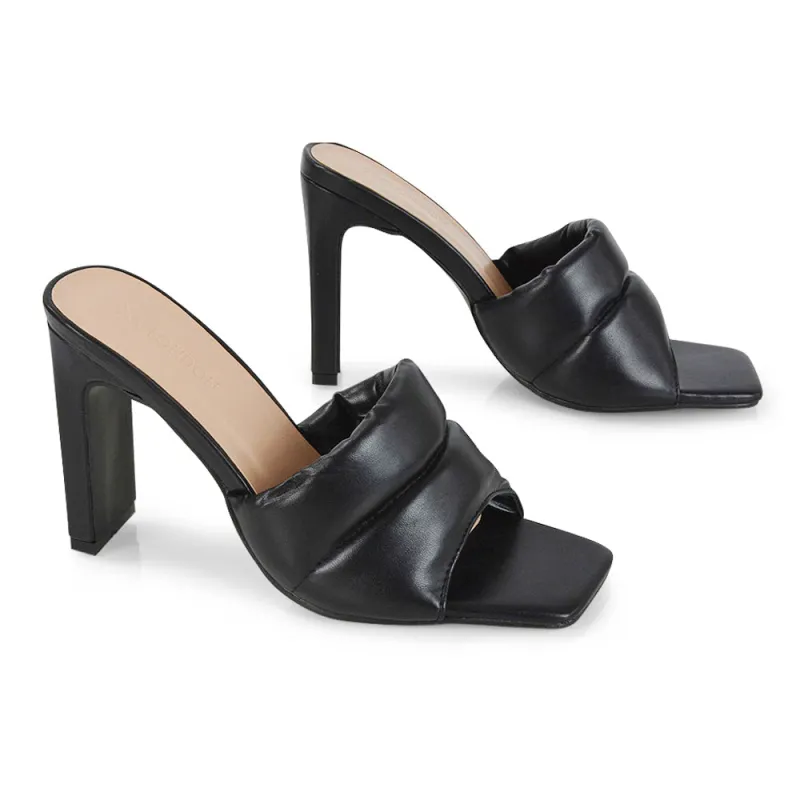 Mallory Square Toe Strappy Slip on Slim Block High Heel Mule Sandals in Black PU sold by XYlondon