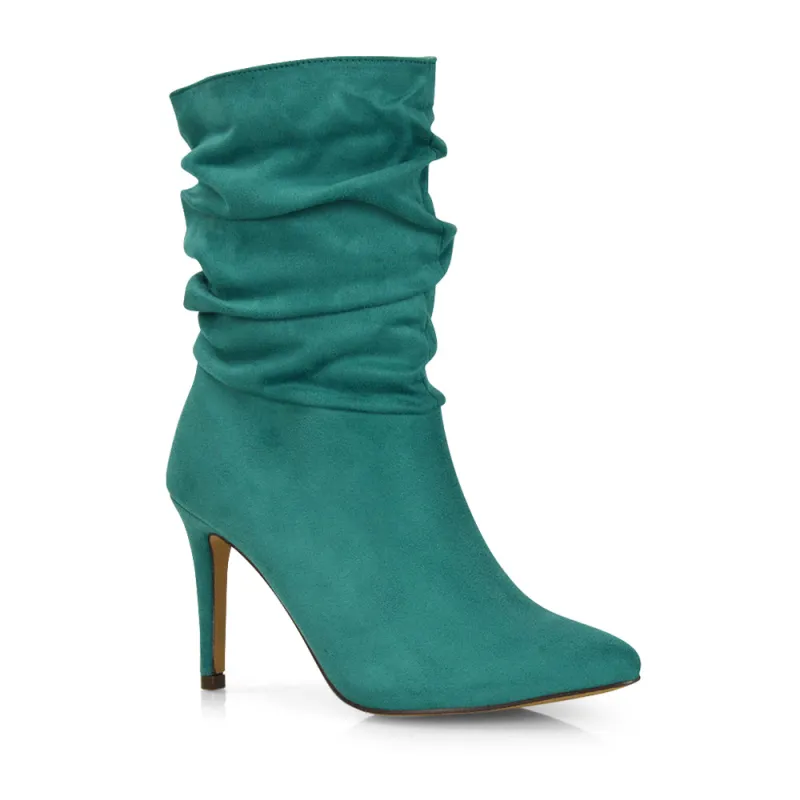 Velma Ruched Pointed Toe Stiletto High Heeled Ankle Boots in Pine Green Faux Suede sold by XYlondon