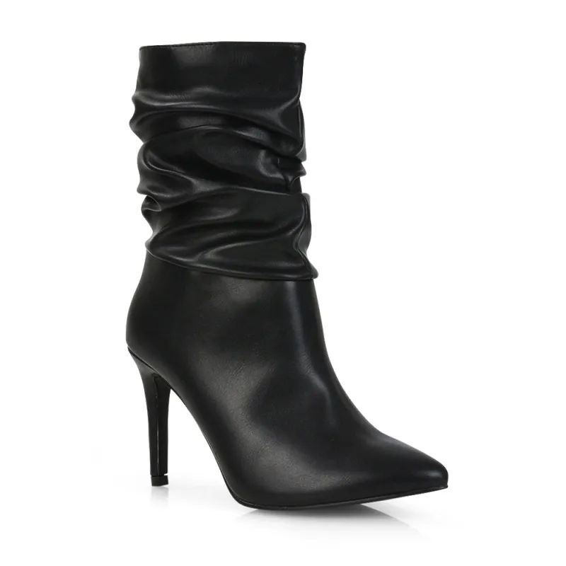 Velma Ruched Pointed Toe Stiletto High Heeled Ankle Boots in Black PU sold by XYlondon