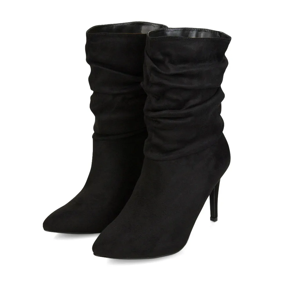 Velma Ruched Pointed Toe Stiletto High Heeled Ankle Boots in Black Faux Suede sold by XYlondon product image thumbnail 4