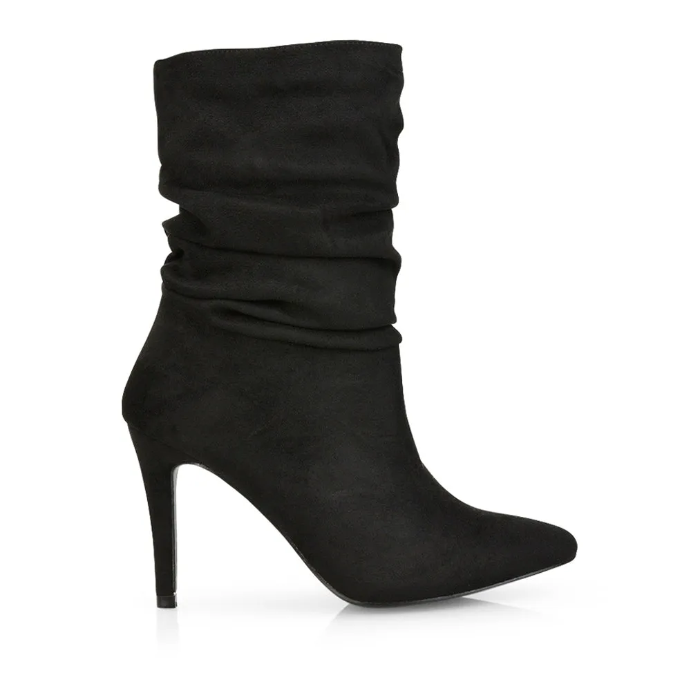 Velma Ruched Pointed Toe Stiletto High Heeled Ankle Boots in Black Faux Suede sold by XYlondon product image thumbnail 3