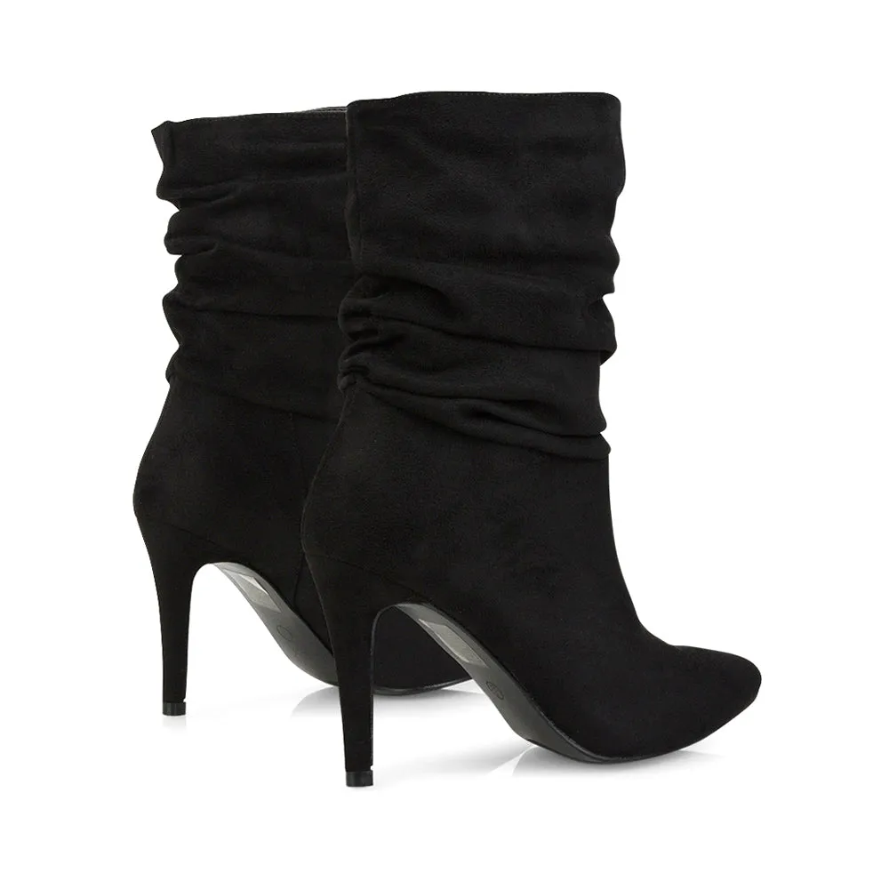 Velma Ruched Pointed Toe Stiletto High Heeled Ankle Boots in Black Faux Suede sold by XYlondon product image thumbnail 5