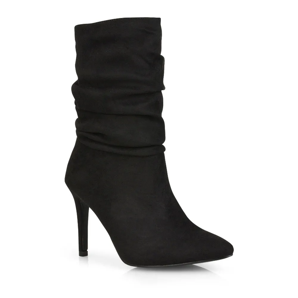 Velma Ruched Pointed Toe Stiletto High Heeled Ankle Boots in Black Faux Suede sold by XYlondon product image thumbnail 2