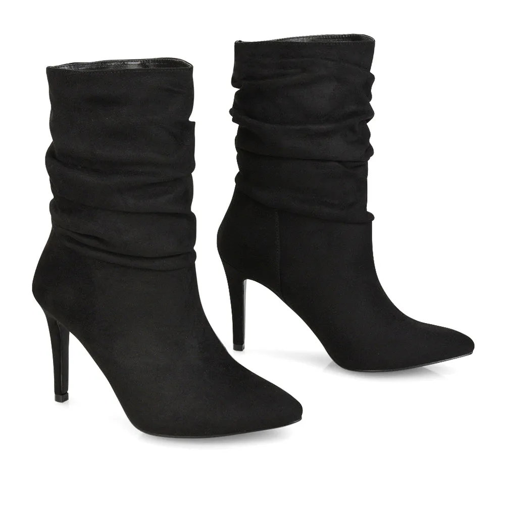Velma Ruched Pointed Toe Stiletto High Heeled Ankle Boots in Black Faux Suede sold by XYlondon