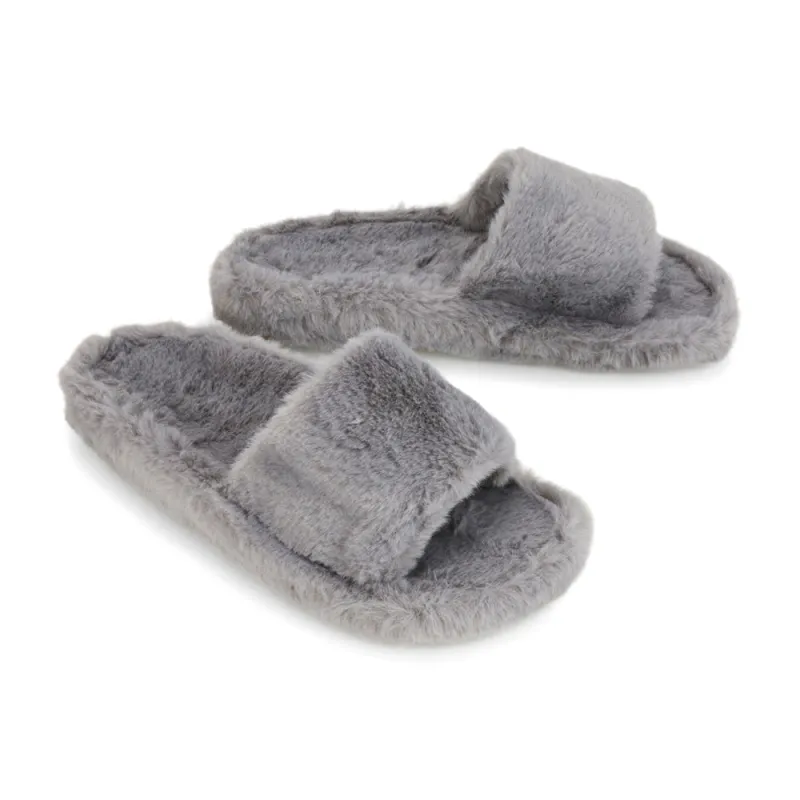 Tally Flat Fluffy Faux Fur Thick Front Strap Slider Women???s Slippers in Grey sold by XYlondon