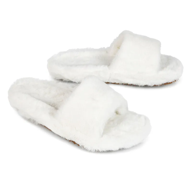 Tally Flat Fluffy Faux Fur Thick Front Strap Slider Women???s Slippers in White sold by XYlondon