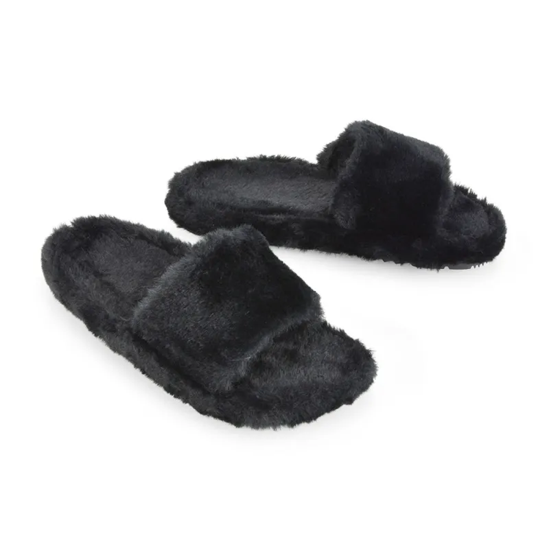Tally Flat Fluffy Faux Fur Thick Front Strap Slider Women???s Slippers in Black sold by XYlondon