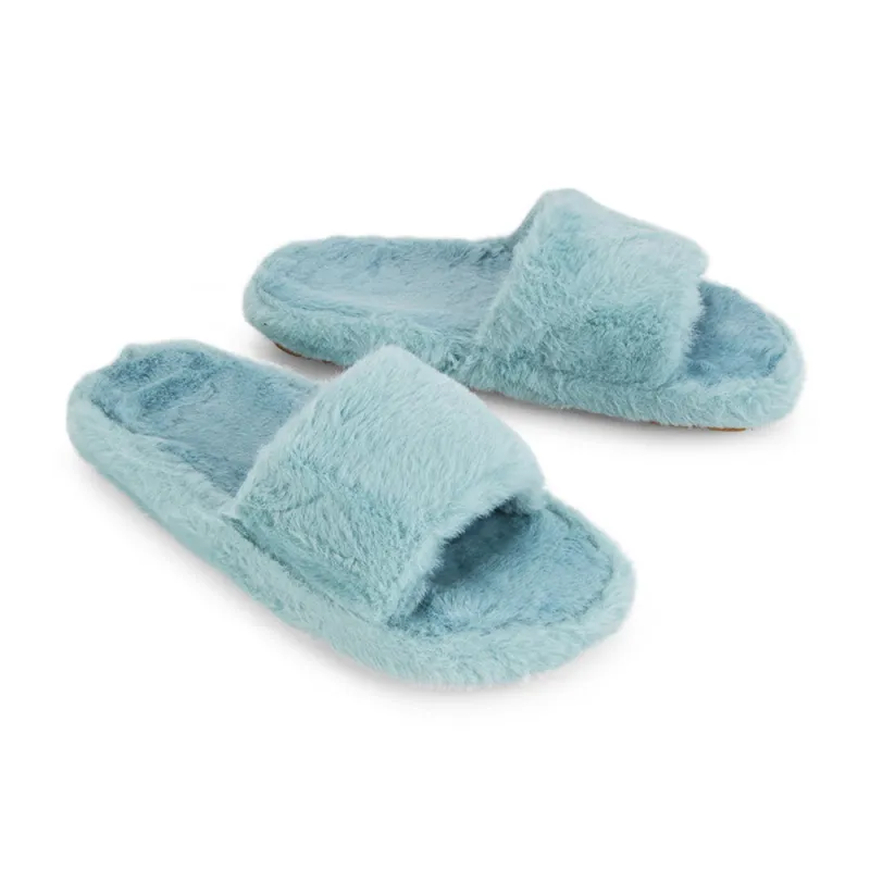 Tally Flat Fluffy Faux Fur Thick Front Strap Slider Women???s Slippers in Blue sold by XYlondon