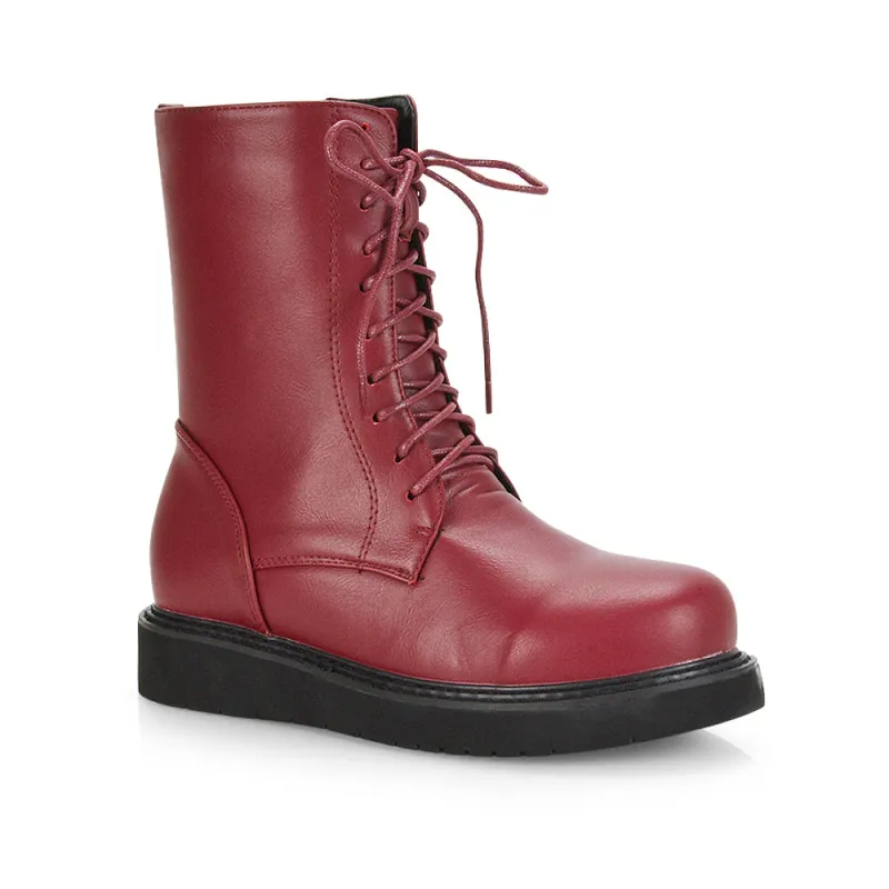 Lizzo Flat Chunky Sole Platform Zip-Up Flatform Lace up Ankle Biker Boots in Burgundy PU sold by XYlondon