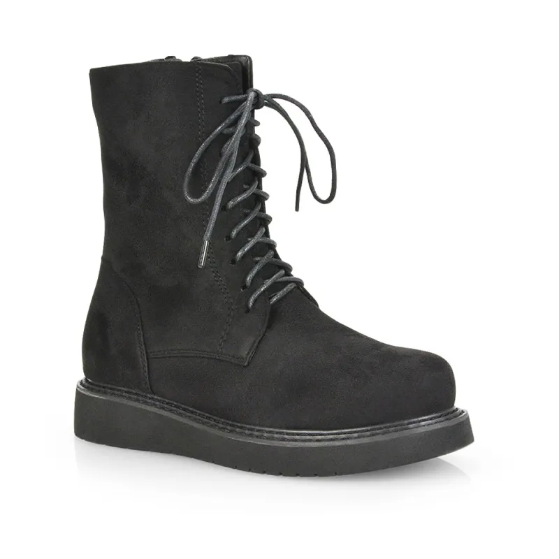 Lizzo Flat Chunky Sole Platform Zip-Up Flatform Lace up Ankle Biker Boots in Black Faux Suede sold by XYlondon