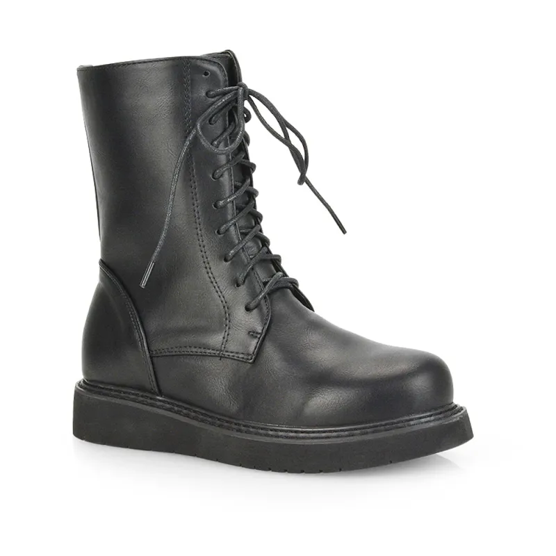 Lizzo Flat Chunky Sole Platform Zip-Up Flatform Lace up Ankle Biker Boots in Black PU sold by XYlondon