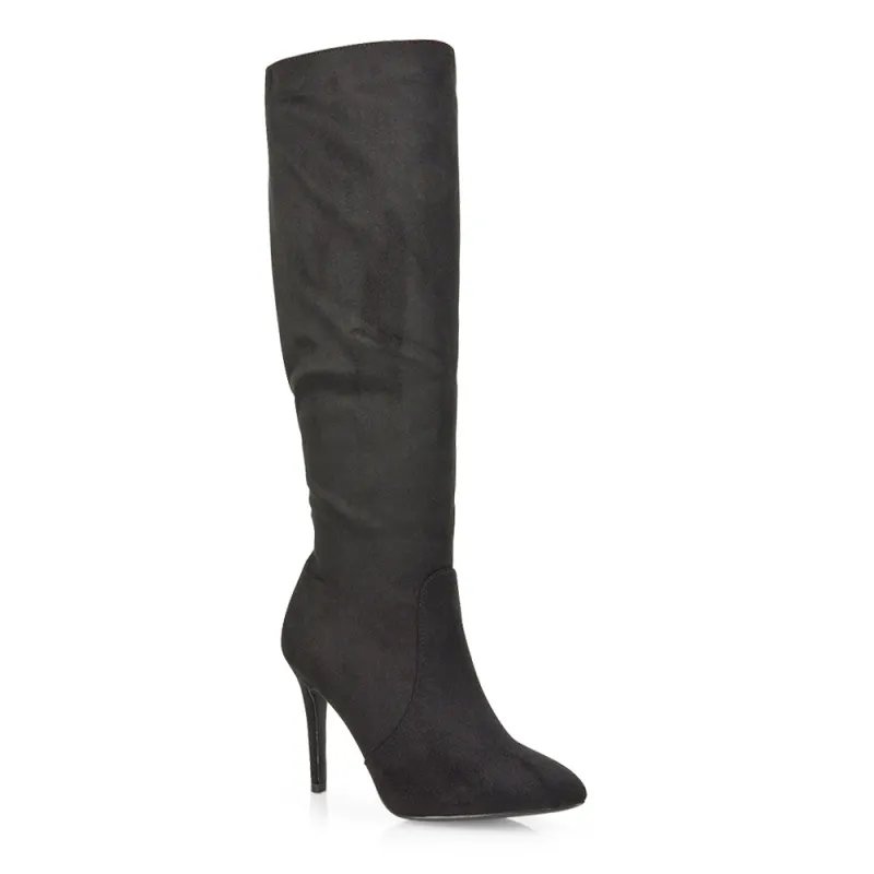 Savvy Pointed Toe Long Knee High Stiletto Heeled Boots in Black Faux Suede made by XYlondon