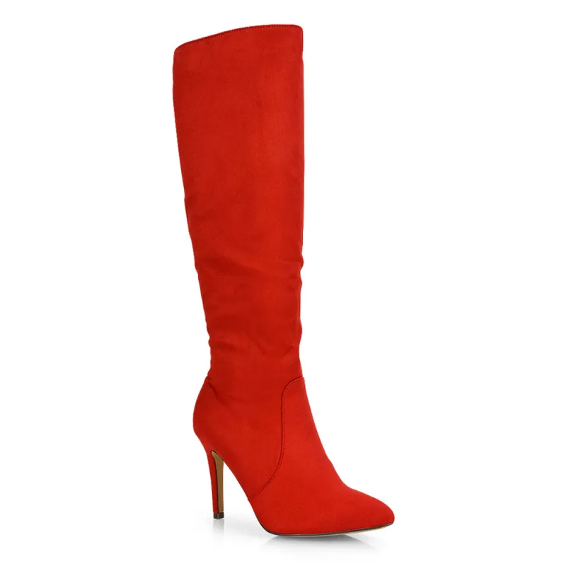 Savvy Pointed Toe Long Knee High Stiletto Heeled Boots in Red Faux Suede sold by XYlondon