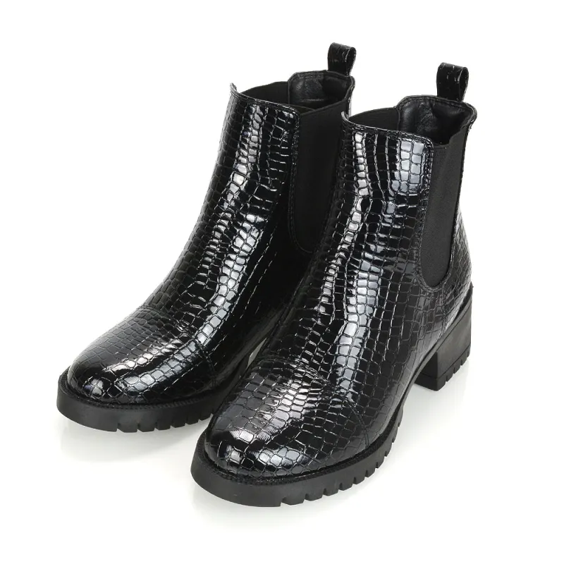 Elsie Chunky Sole Slip on Mid-Blocked Heeled Ankle Chelsea Boots in Black Croc sold by XYlondon