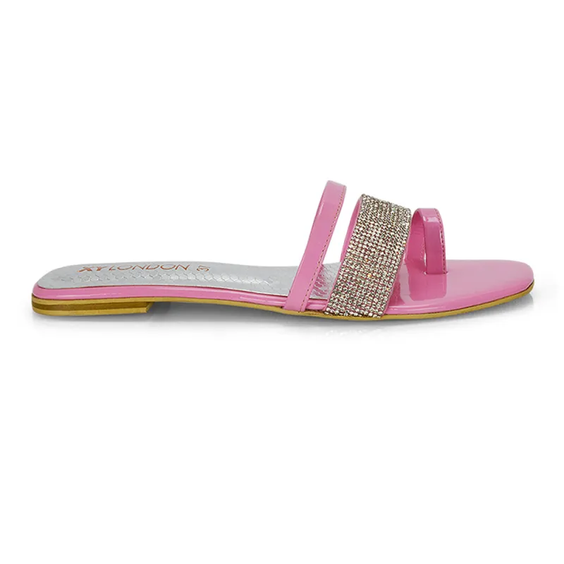 Sabrina Diamante Double Strap Slip on Flat Toe Post Sandals In Pink Patent sold by XYlondon
