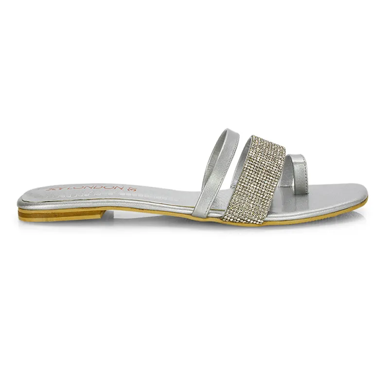 Sabrina Diamante Double Strap Slip on Flat Toe Post Sandals In Silver sold by XYlondon
