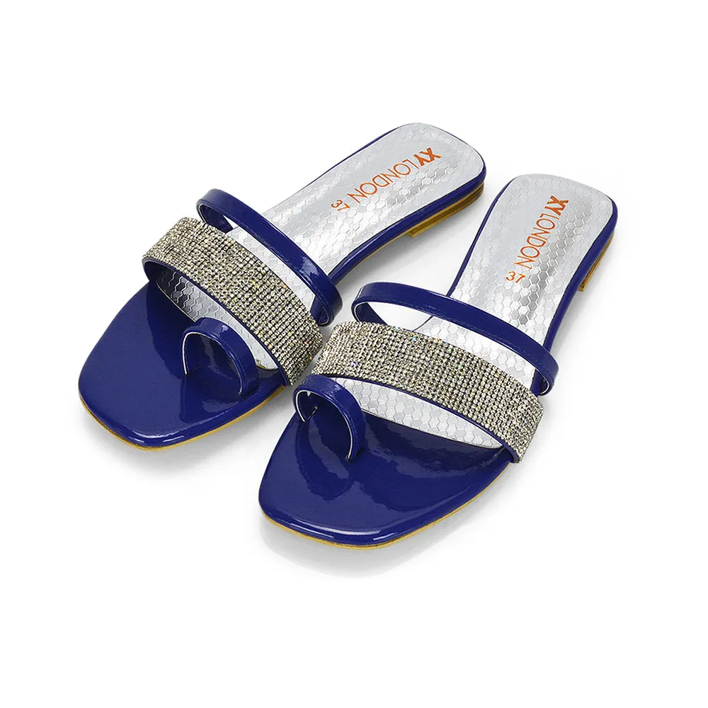 Sabrina Diamante Double Strap Slip on Flat Toe Post Sandals In Navy Patent sold by XYlondon product image thumbnail 4