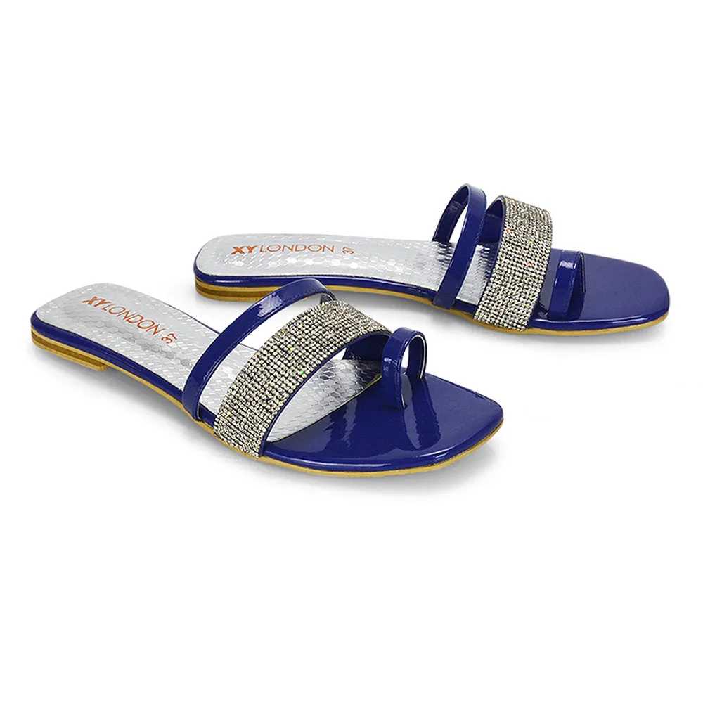 Sabrina Diamante Double Strap Slip on Flat Toe Post Sandals In Navy Patent sold by XYlondon product image thumbnail 3