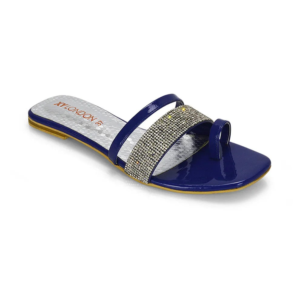 Sabrina Diamante Double Strap Slip on Flat Toe Post Sandals In Navy Patent sold by XYlondon product image thumbnail 2