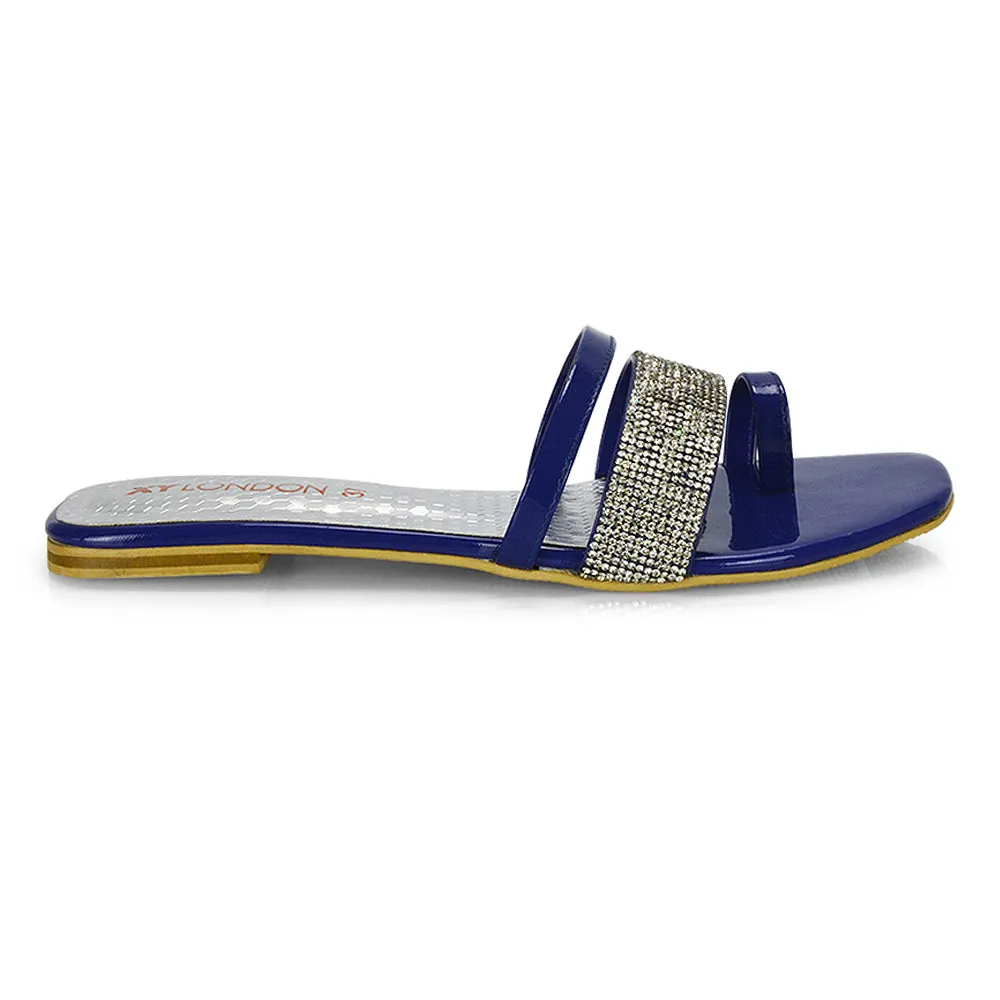 Sabrina Diamante Double Strap Slip on Flat Toe Post Sandals In Navy Patent sold by XYlondon product image thumbnail 5