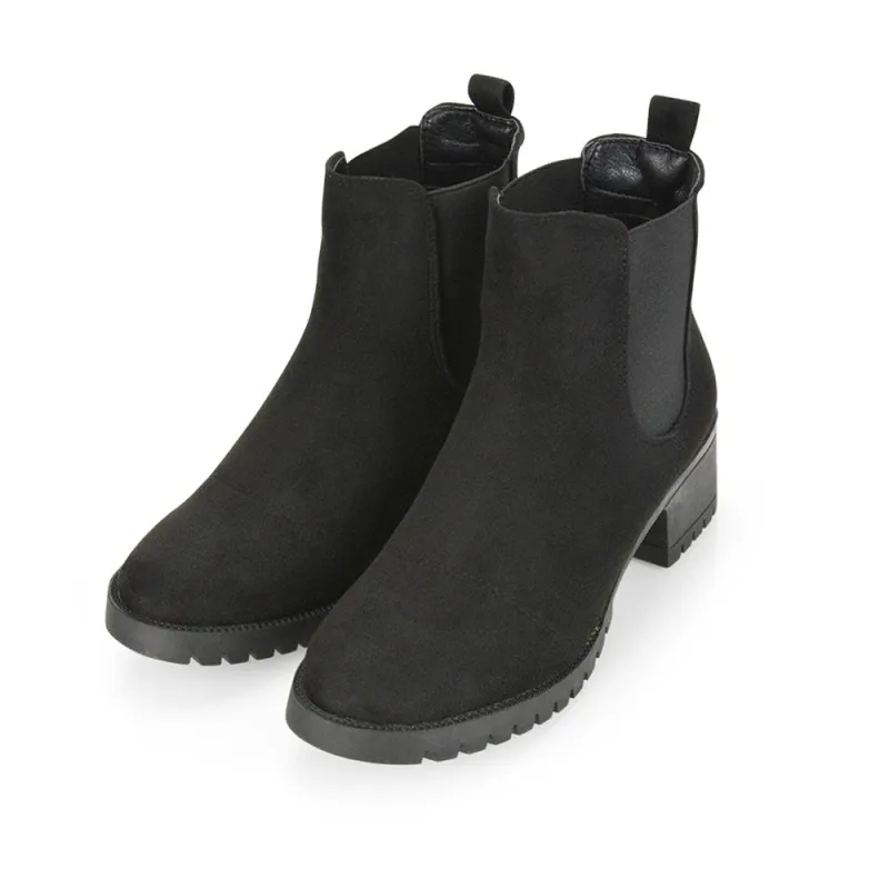 Elsie Chunky Sole Slip on Mid-Blocked Heeled Ankle Chelsea Boots in Black Faux Suede made by XYlondon