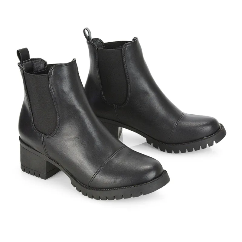 Elsie Chunky Sole Slip on Mid-Blocked Heeled Ankle Chelsea Boots in Black PU sold by XYlondon