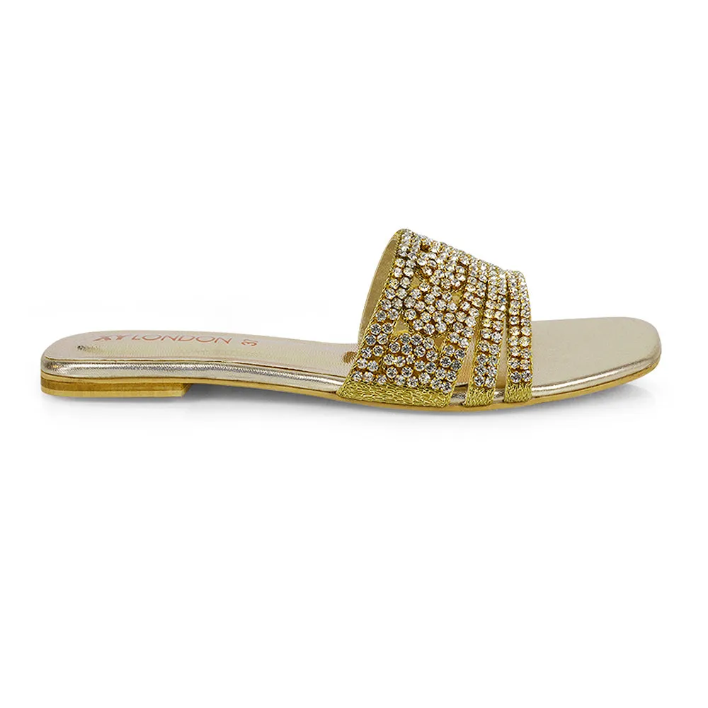 Sam Cut Out Square Toe Sparkly Front Strap Slip On Flat Diamante Sandals in Gold sold by XYlondon product image thumbnail 3