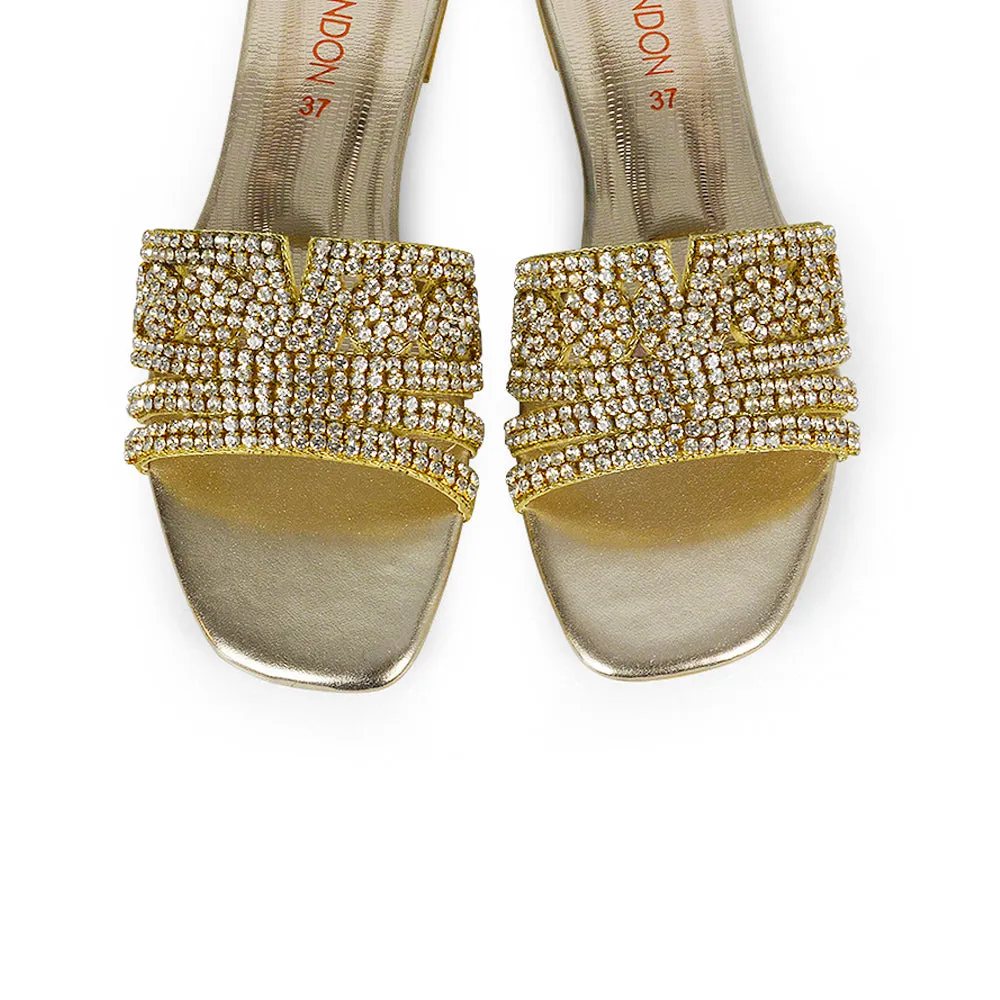 Sam Cut Out Square Toe Sparkly Front Strap Slip On Flat Diamante Sandals in Gold sold by XYlondon product image thumbnail 5
