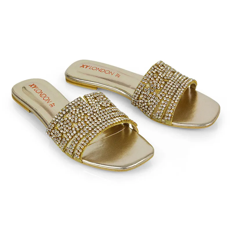 Sam Cut Out Square Toe Sparkly Front Strap Slip On Flat Diamante Sandals in Gold sold by XYlondon