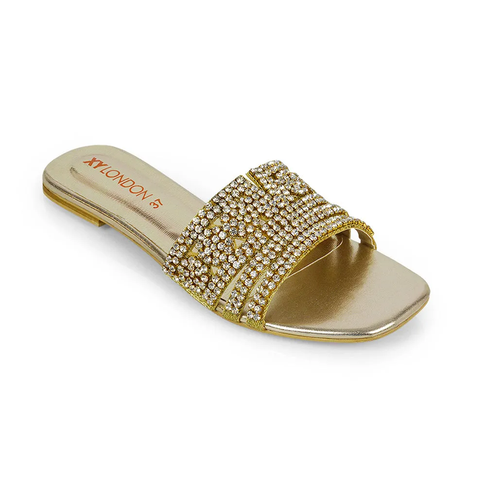 Sam Cut Out Square Toe Sparkly Front Strap Slip On Flat Diamante Sandals in Gold sold by XYlondon product image thumbnail 2