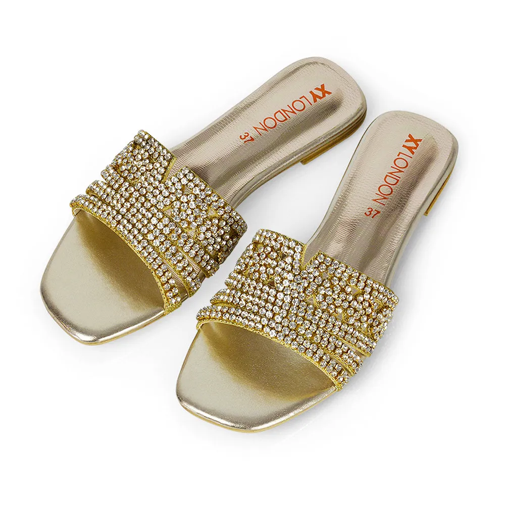 Sam Cut Out Square Toe Sparkly Front Strap Slip On Flat Diamante Sandals in Gold sold by XYlondon product image thumbnail 4