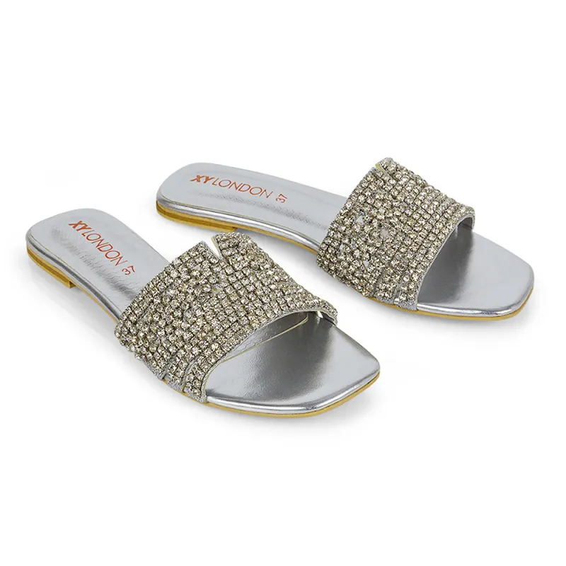 Sam Cut Out Square Toe Sparkly Front Strap Slip On Flat Diamante Sandals in Silver sold by XYlondon