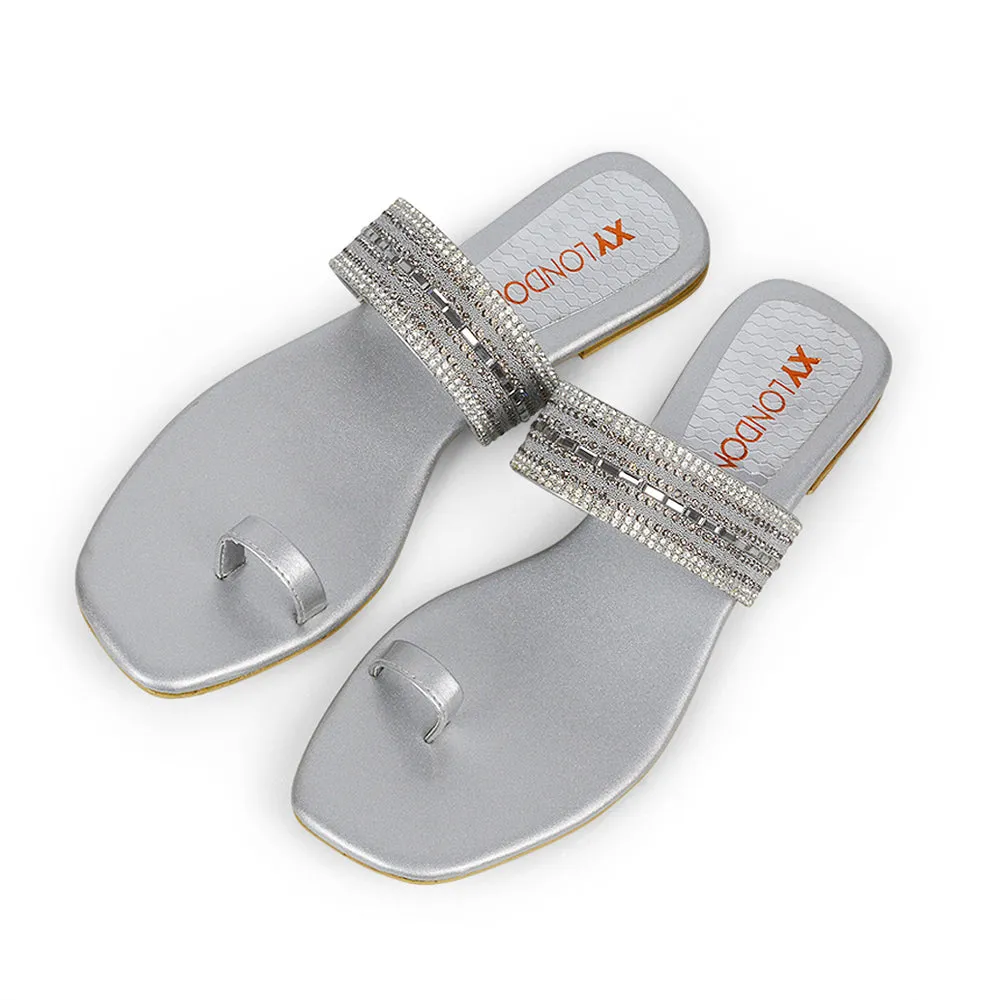 Rogan Strappy Slip on Toe Post Ring Diamante Flat Sandal Sliders in Silver sold by XYlondon product image thumbnail 4