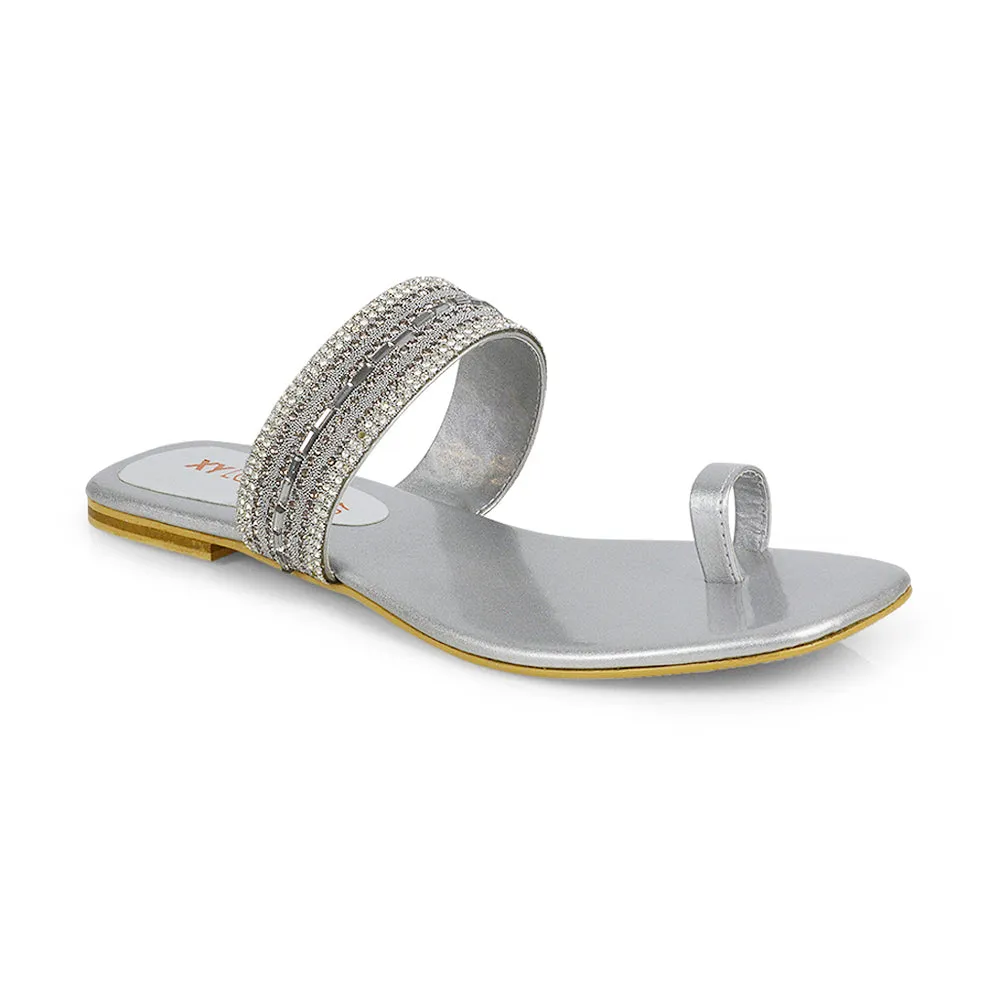 Rogan Strappy Slip on Toe Post Ring Diamante Flat Sandal Sliders in Silver sold by XYlondon product image thumbnail 2
