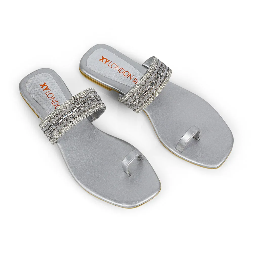 Rogan Strappy Slip on Toe Post Ring Diamante Flat Sandal Sliders in Silver sold by XYlondon product image thumbnail 5