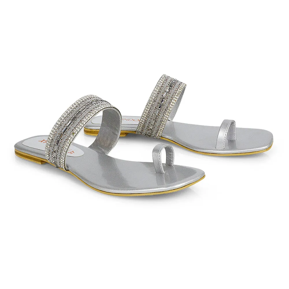 Rogan Strappy Slip on Toe Post Ring Diamante Flat Sandal Sliders in Silver sold by XYlondon