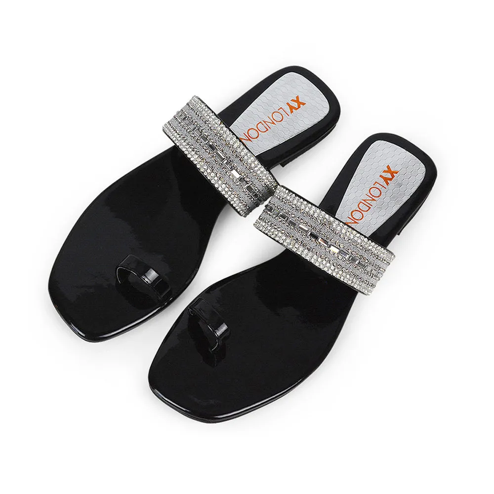 Rogan Strappy Slip on Toe Post Ring Diamante Flat Sandal Sliders in Black sold by XYlondon product image thumbnail 4