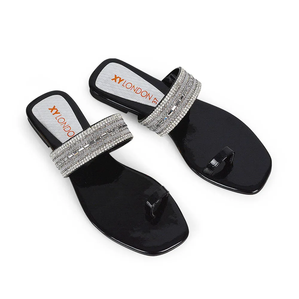 Rogan Strappy Slip on Toe Post Ring Diamante Flat Sandal Sliders in Black sold by XYlondon product image thumbnail 5