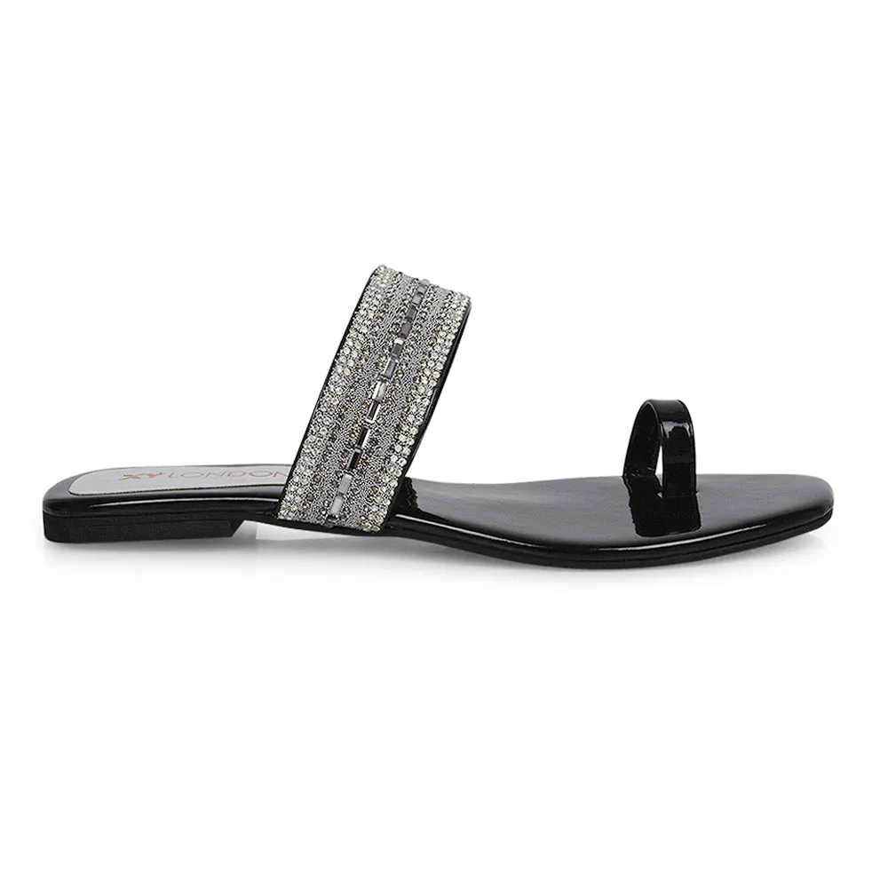Rogan Strappy Slip on Toe Post Ring Diamante Flat Sandal Sliders in Black sold by XYlondon product image thumbnail 3