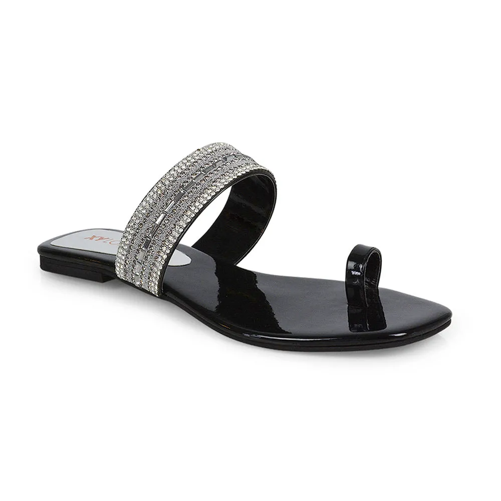 Rogan Strappy Slip on Toe Post Ring Diamante Flat Sandal Sliders in Black sold by XYlondon product image thumbnail 2