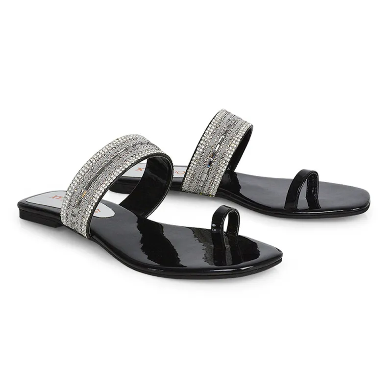 Rogan Strappy Slip on Toe Post Ring Diamante Flat Sandal Sliders in Black sold by XYlondon