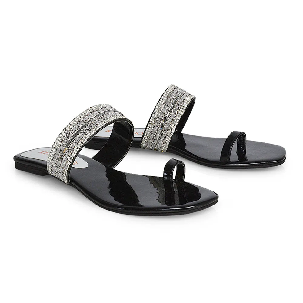 Rogan Strappy Slip on Toe Post Ring Diamante Flat Sandal Sliders in Black sold by XYlondon